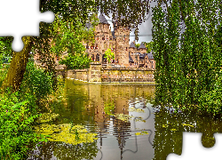 Zamek de Haar, Haarzuilens, Gmina Utrecht, Park, Drzewa, Staw, Holandia
