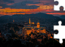 Zachód słońca, Oświetlony, Zamek Królewski, Wzgórza, Budapeszt, Węgry