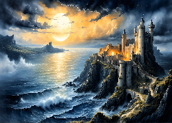Grafika, Morze, Skały, Zamek, Słońce, Chmury, Fantasy