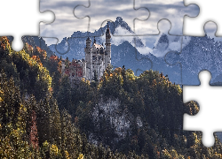 Zamek Neuschwanstein, Góry, Drzewa, Bawaria, Niemcy