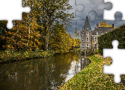 Jesień, Drzewa, Kanał, Liście, Zamek Nijenhuis, Overĳssel, Holandia