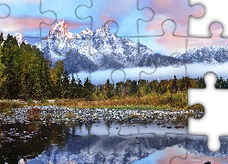 Góry, Las, Rzeka, Kamienie, Mgła