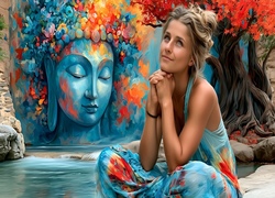 Kobieta, Drzewo, Mural, Budda, AI
