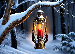 Las, Zima, Drzewa, Oszronione, Gałęzie, Lampion, Grafika