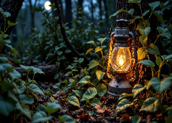 Las, Lampa, Liście, Drzewa, Księżyc