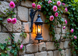 Murowana, Ściana, Kwiaty, Róże, Lampa