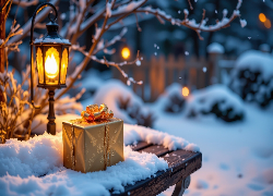 Zima, Śnieg, Ławka, Prezent, Lampa, Gałęzie
