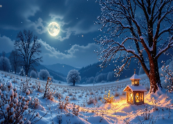 Zima, Księżyc, Śnieg, Ośnieżone, Drzewa, Pole, Rośliny, Zapalona, Laterenka