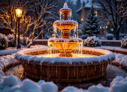 Zima, Śnieg, Park, Fontanna, Latarnia, Ośnieżone, Drzewa, AI