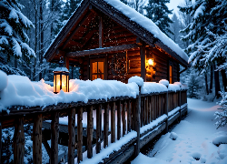 Zima, Ogrodzenie, Dom, Las, Grafika AI