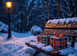 Zima, Noc, Park, Ośnieżone, Drzewa, Ławka, Prezenty, Latarnia
