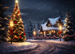 Zima, Śnieg, Ulica, Udekorowana, Choinka, Latarnie, Dom, Ośnieżone, Drzewa, Świerki, Noc, Boże Narodzenie