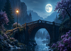 Góry, Rzeka, Most, Noc, Księżyc, Drzewa, Latarnia