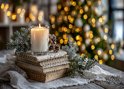 Świeca, Książki, Gałązki, Świerk, Szyszki, Grafika AI