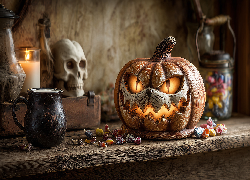 Dynia, Kubek, Cukierki, Halloween, Grafika AI