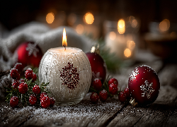 Boże Narodzenie, Biała, Świeca, Czerwone, Bombki, Grafika AI