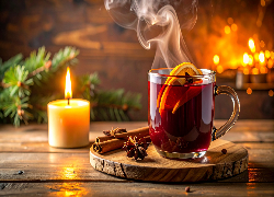 Świeca, Filiżanka, Herbata, Plasterki, Pomarańczy, Laski, Cynamonu, Anyż, AI