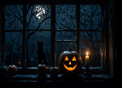 Halloween, Okno, Świecąca, Dynia, Świeca, Kot, Księżyc