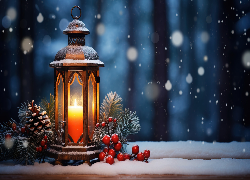 Zima, Lampion, Świeca, Szyszki, Śnieg