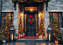 Boże Narodzenie, Dom, Drzwi, Choinki, Lampy, Grafika AI