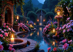 Ogród, Oczko wodne, Świece, Lampion, Różowe, Kwiaty, Rośliny, Murowany, Łuk