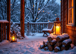Lampiony, Szczapy, Drewna, Dom, Taras, Zima