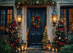 Boże Narodzenie, Dom, Wejście, Choinki, Lampiony, Grafika AI