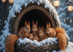 Wiewiórki, Dziupla, Śnieg, Zima, Lampiony