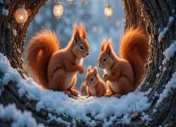 Wiewiórki, Dziupla, Zima, Śnieg, Lampiony, AI