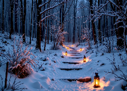 Zima, Las, Ośnieżone, Drzewa, Schody, Lampiony