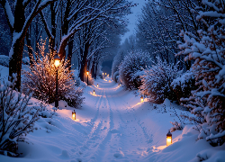 Zima, Zaśnieżona, Droga, Latarnie, Lampiony, Ośnieżone, Drzewa, Krzewy, Las, AI