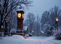 Zima, Park, Latarnie, Wieża, Drzewa, Zegar