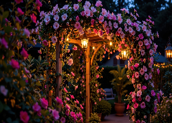 Ogród, Pergola, Ogrodowa, Różowe, Kwiaty, Latarnie