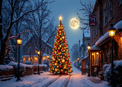 Boże Narodzenie, Choinka, Domy, Zima, Noc, Księżyc, Drzewa