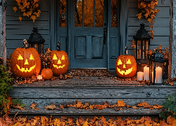 Dom, Drzwi, Dynie, Świece, Liście, Jesień, Halloween