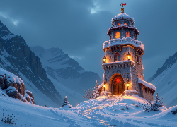 Zima, Wieża, Latarnie, Góry, Chmury