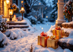 Zima, Ośnieżone, Schody, Prezenty, Krzewy, Bombki