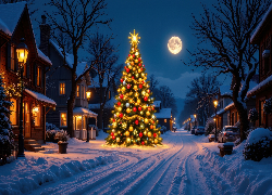 Zima, Droga, Domy, Choinka, Boże Narodzenie, Księżyc