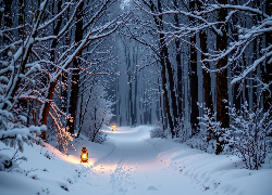 Zima, Las, Drzewa, Śnieg, Lampy