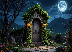 Budowla, Noc, Księżyc, Drzwi, Rośliny, Kolorowe, Kwiaty, Murowane, Ogrodzenie, Kamienie
