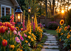 Kwiaty, Latarnie, Ścieżka, Ogród