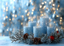 Niebieskie, Świece, Gałązki, Szyszki, Grafika AI, Świąteczne