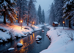 Zima, Rzeka, Kamienie, Las, Domek, Drzewa, Śnieg, Latarnie