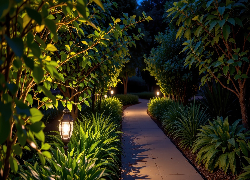 Ogród, Drzewa, Rośliny, Latarnie, Chodnik