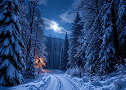 Zima, Droga, Ośnieżone, Drzewa, Światło, Księżyc