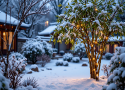 Zima, Ogród, Drzewko, Światełka, Dom, Grafika AI