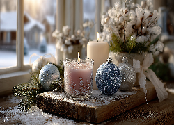 Boże Narodzenie, Świece, Bombki, Ozdoby, Świąteczne, Grafika AI