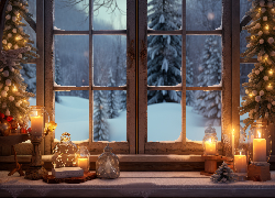 Boże Narodzenie, Okno, Choinki, Świece, Zima
