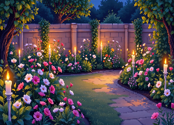 Ogród, Świece, Kwiaty, Ścieżka, Mur, AI