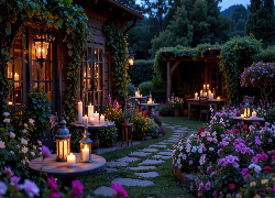 Ogród, Dom, Altanka, Kolorowe, Kwiaty, Stoliki, Zapalone, Świece, Lampiony, Rośliny